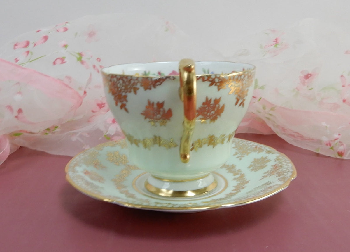 Paragon Double Warrant Mint Green Gold Filigree Tea Cup & Saucer