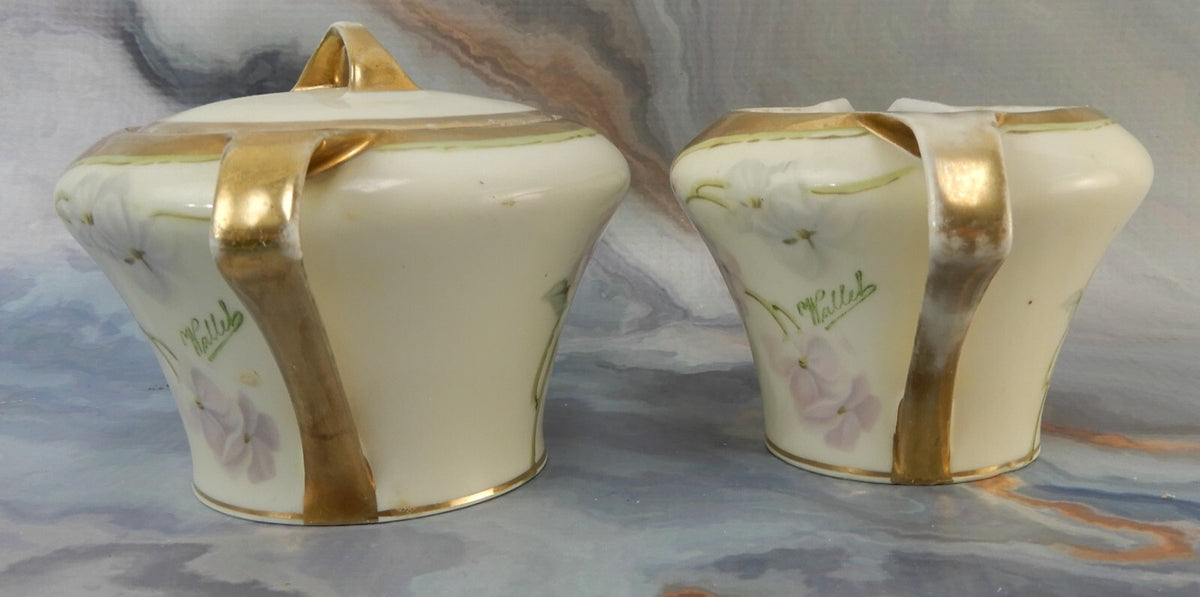 RS Germany Hand Painted Porcelain Sugar Bowl and Creamer Signed By The Artist