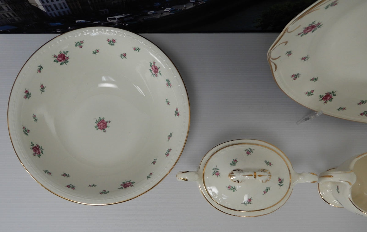 Vtg. Homer Laughlin Eggshell Georgian Rambler Rose Platter, Bowl,Sugar & Creamer