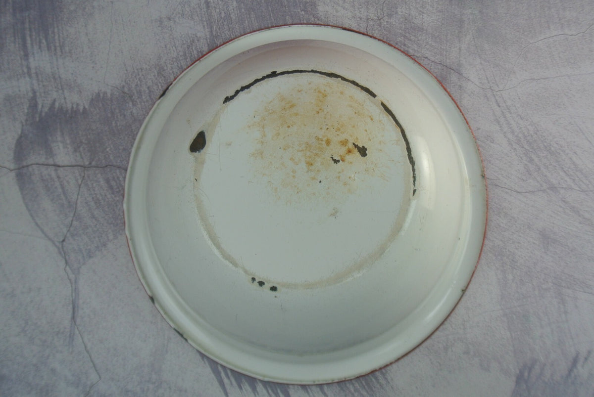 Pair Of Vintage Vintage White Black and Red Trimmed Enamelware As Is
