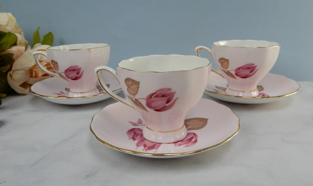 Set of 3 Colclough Bone China Pink Color Water Lily Teacups & Saucers