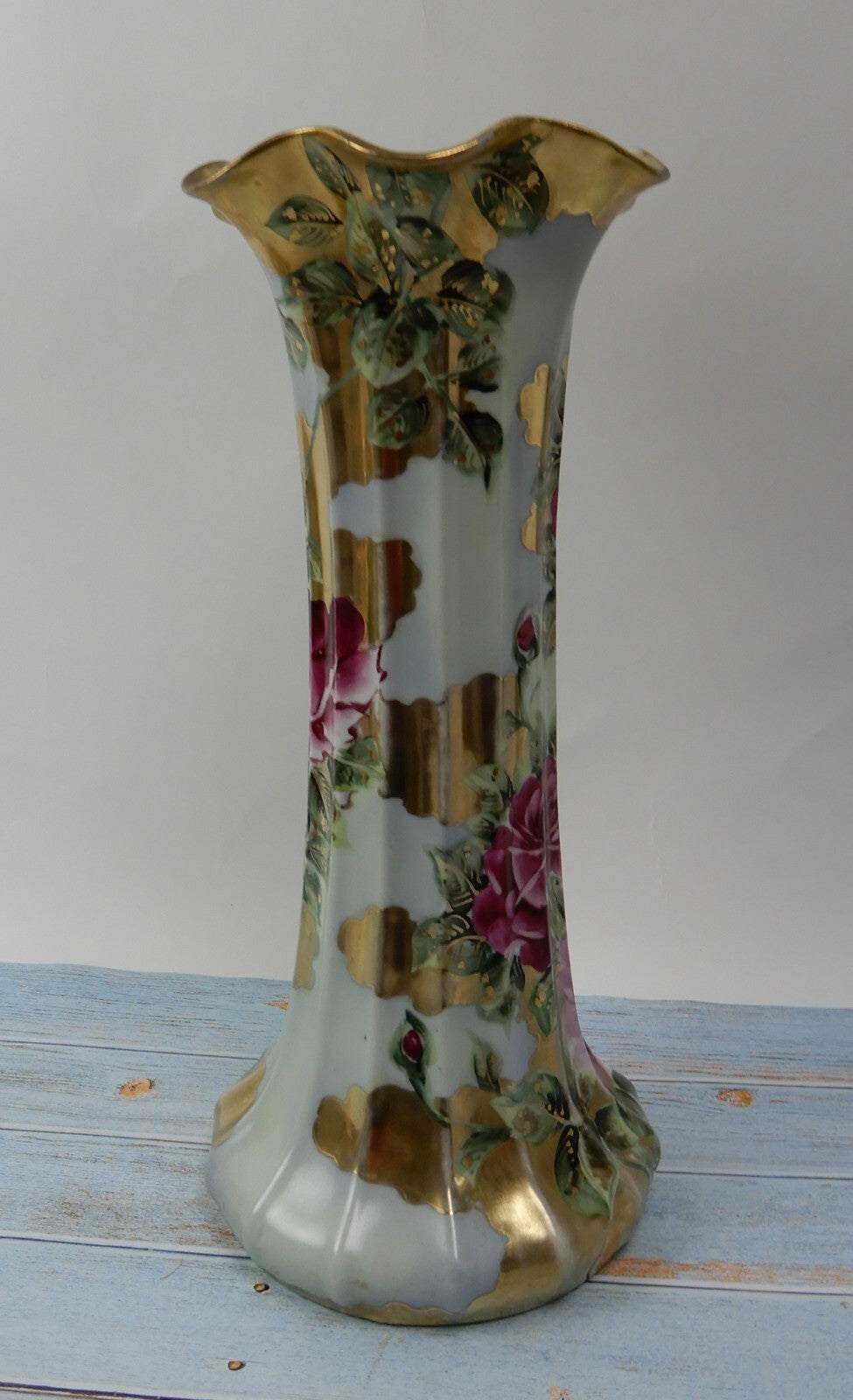 Vtge 15" Tall with Pink Roses and Gold Flute Shape Porcelain Vase No Manufacture