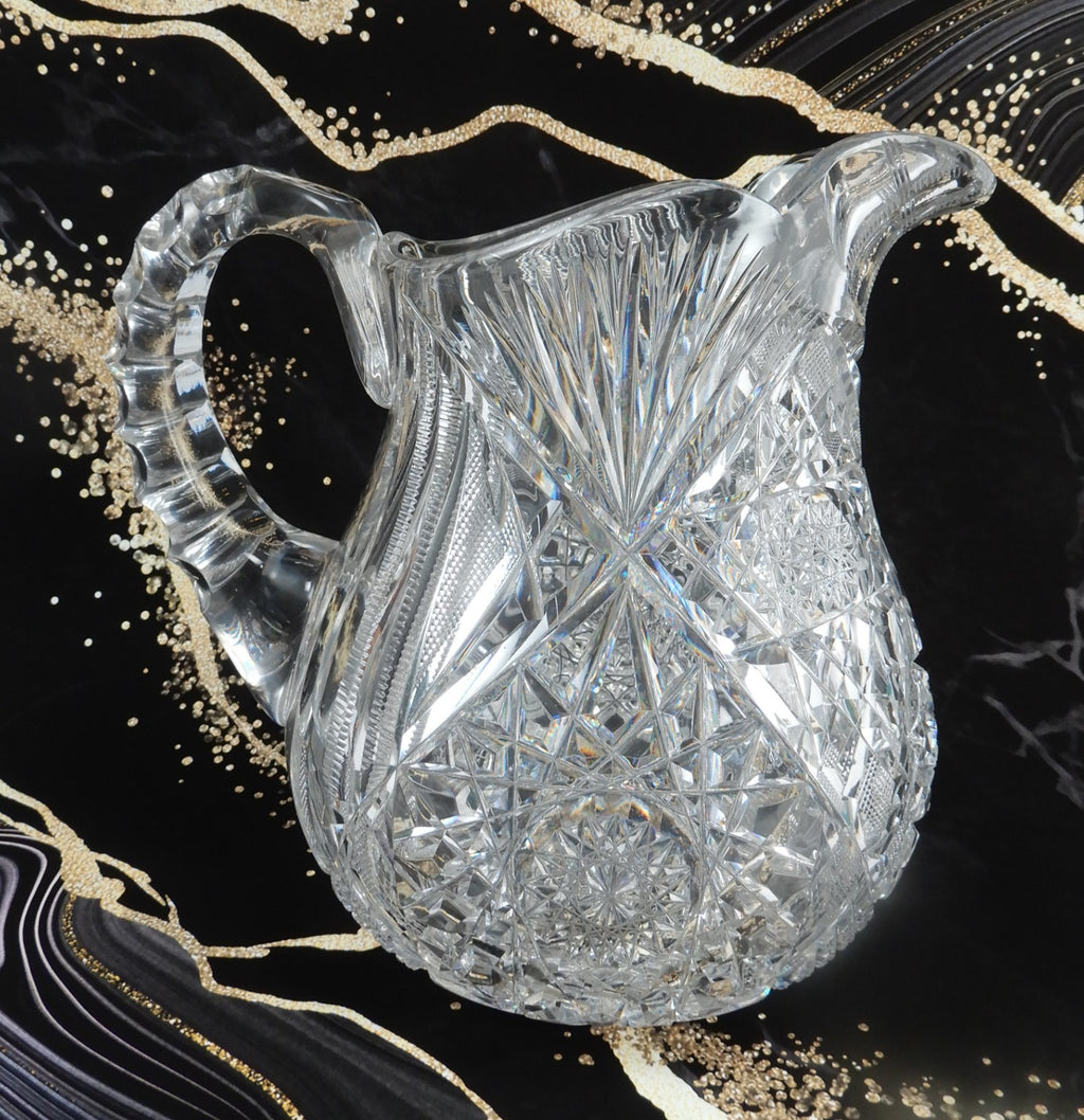American Brilliant Period  ABP Heavy Crystal Cut Glass Hobstar Water Pitcher