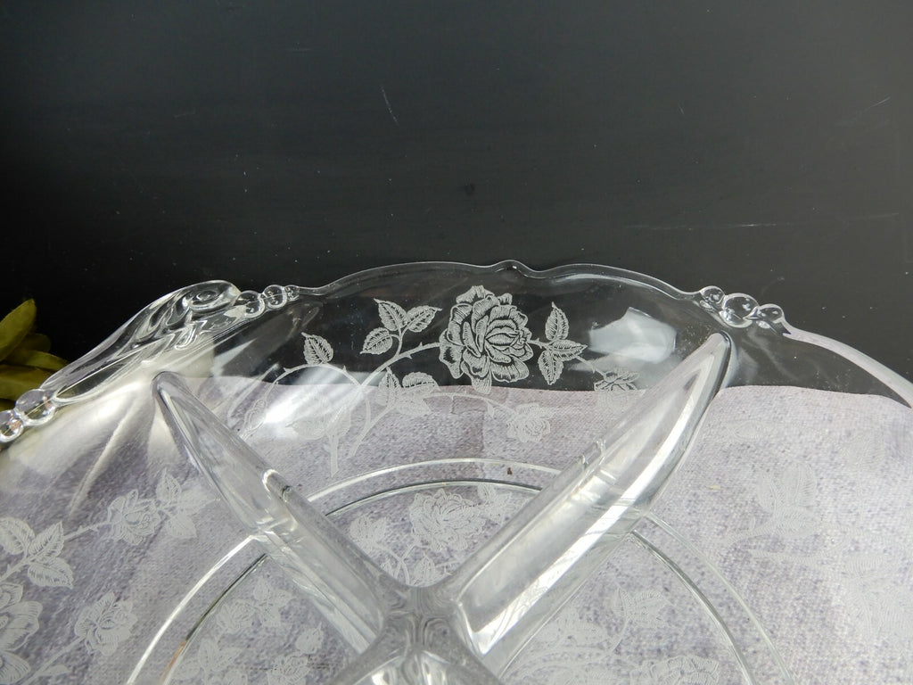 Vintage Heisey Rose Patten 4 Compartment Relish Dish Tray