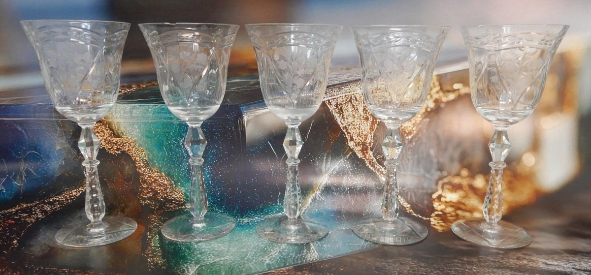 Set Of 5 Rock Sharpe Crystal 'LIDO' Water Goblet 9oz Water/Wine Glasses W/ CHIPS
