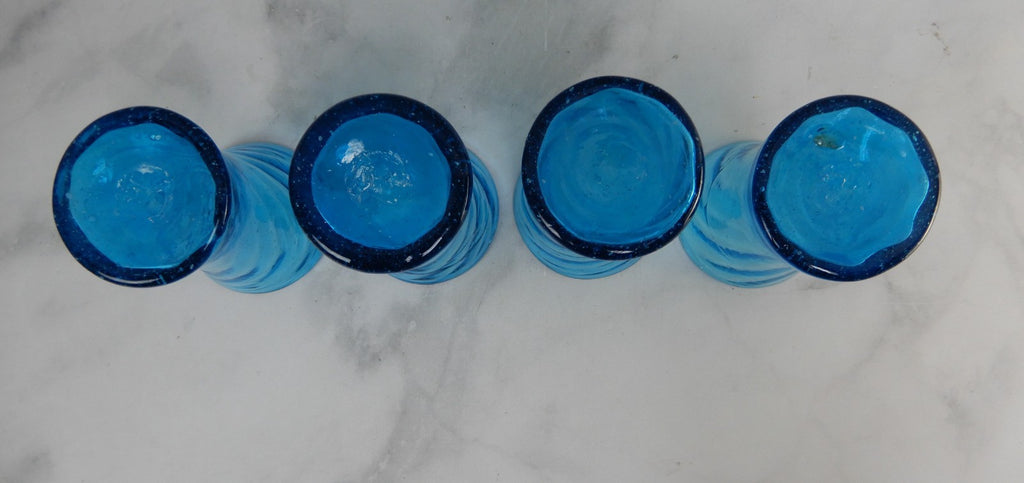 Vintage Avalos Mexican Tornillo Turquoise Hand Blown Pitcher and Four Glasses