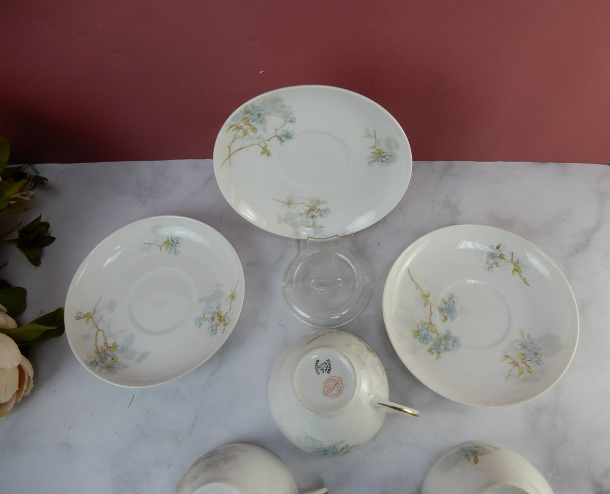Antique Limoges A. Lanternier France Porcelain Blue Floral 3 Cups and Saucers
