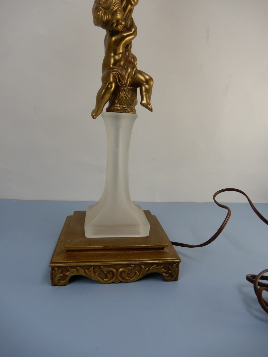 Vintage Tall Cherub Brass and Frosted Glass 3- Way Table Lamp