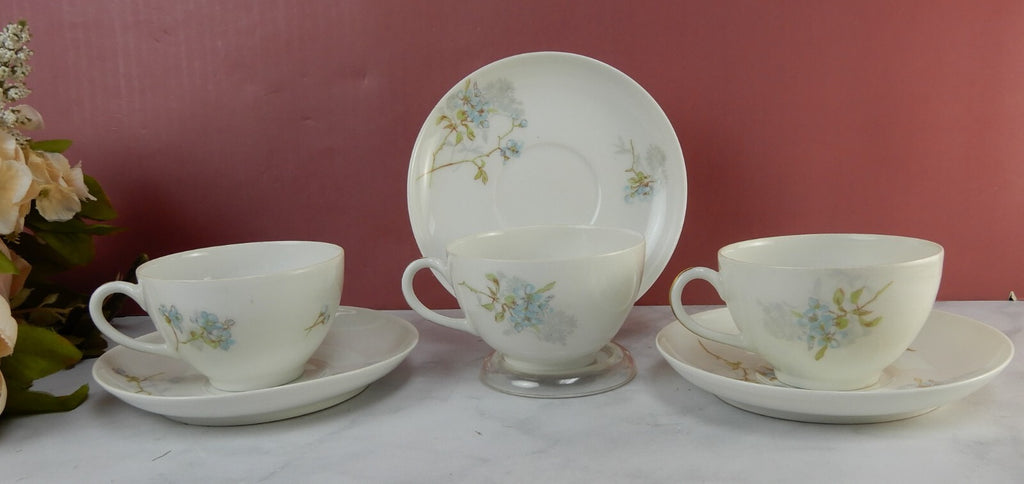 Antique Limoges A. Lanternier France Porcelain Blue Floral 3 Cups and Saucers