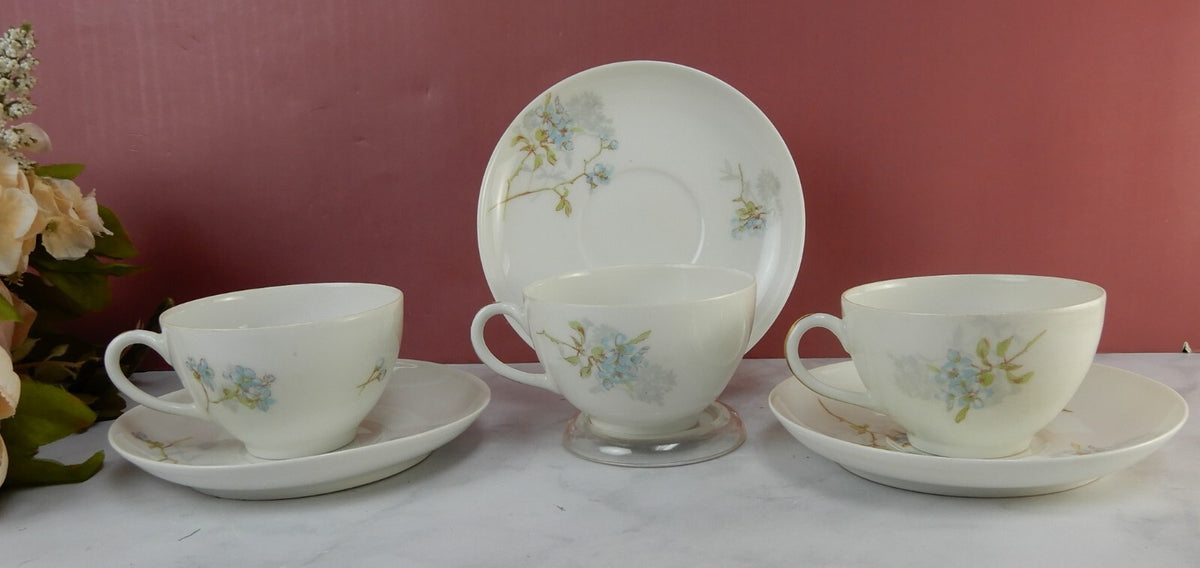Antique Limoges A. Lanternier France Porcelain Blue Floral 3 Cups and Saucers