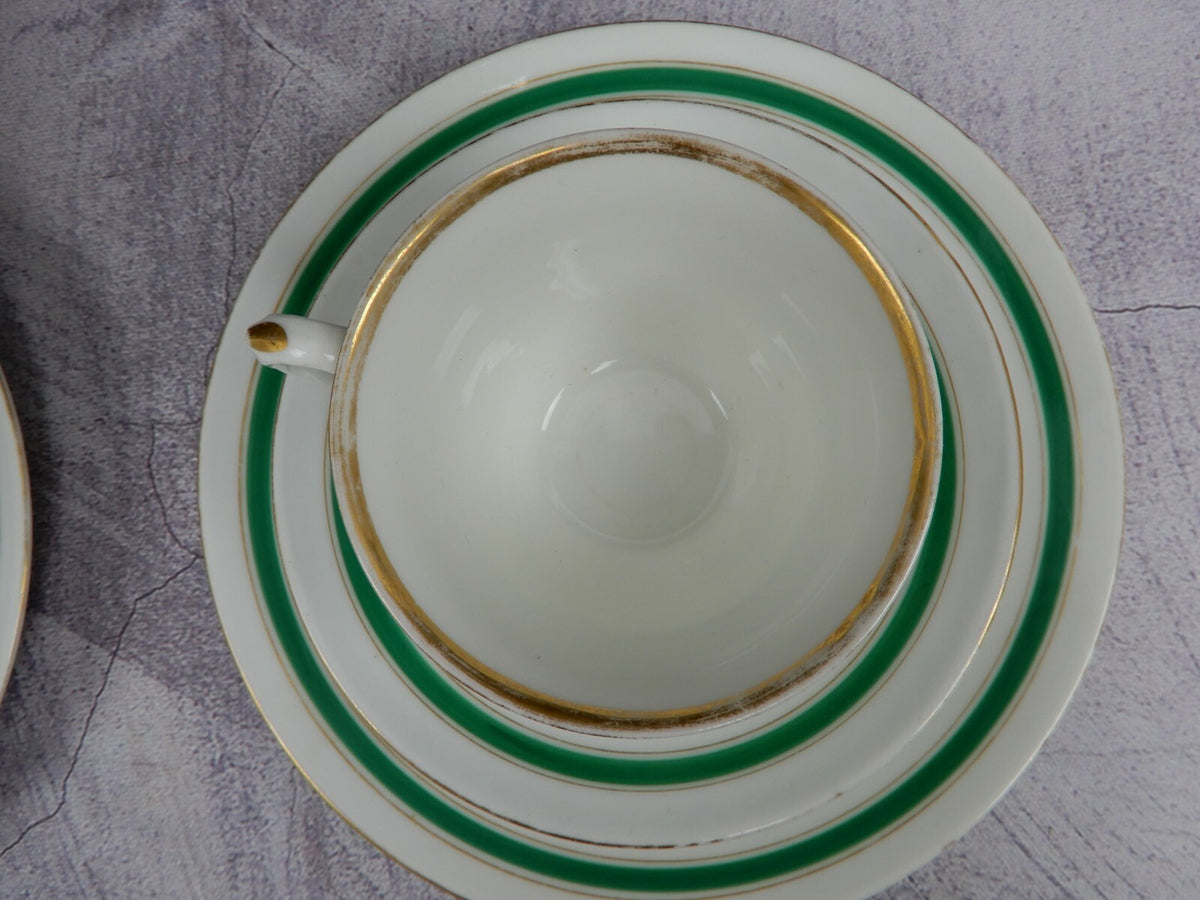 Two Set Antique White,Green and Gold Trim Tea Set Trio Cup,Saucer,Dessert Plate