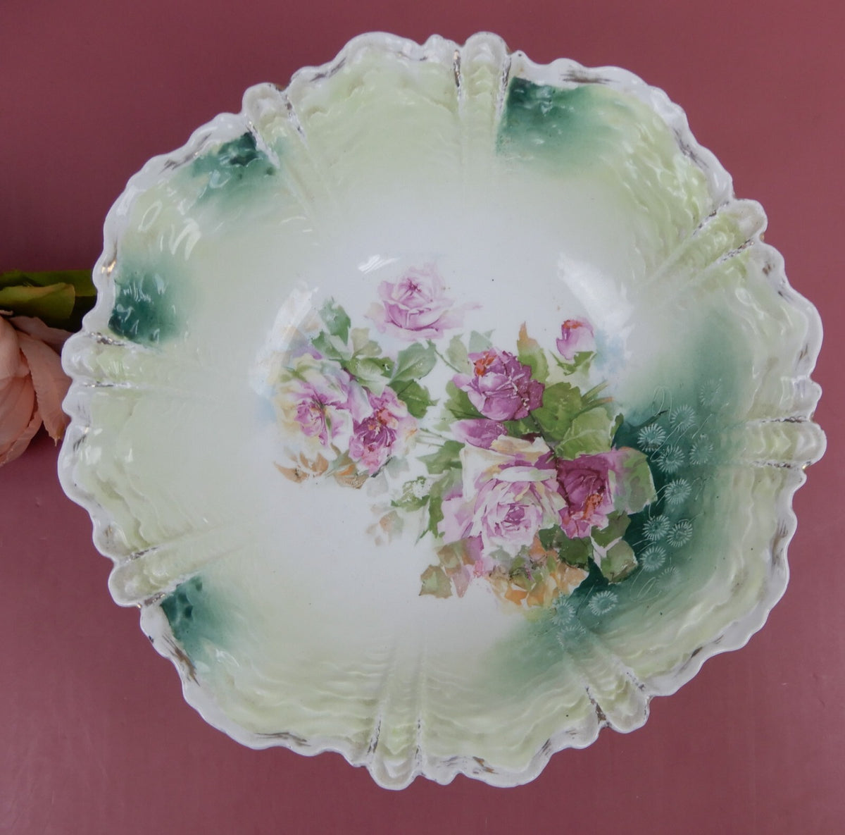 Antique RS Prussia Old Red Mark Bouquet of Roses Porcelain "Bowl" 10-3/4" Wide