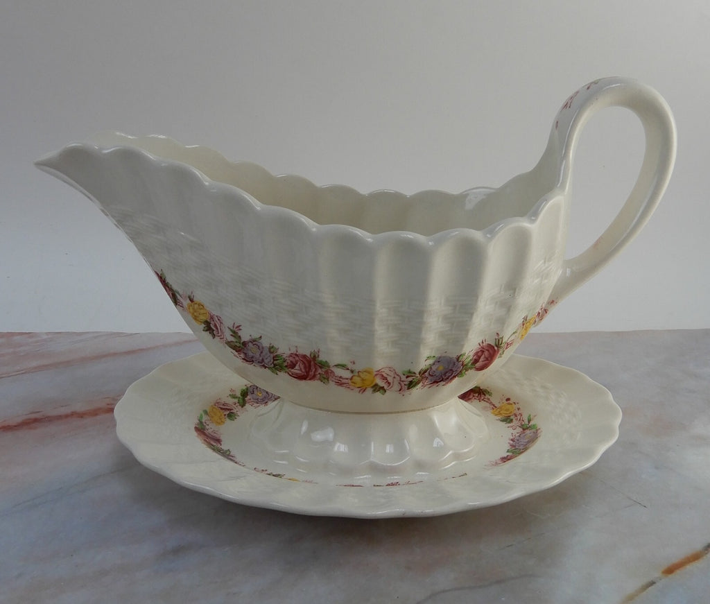 Vtg Copeland Spode "Rose Briar" Gravy Boat with Attached Underplate