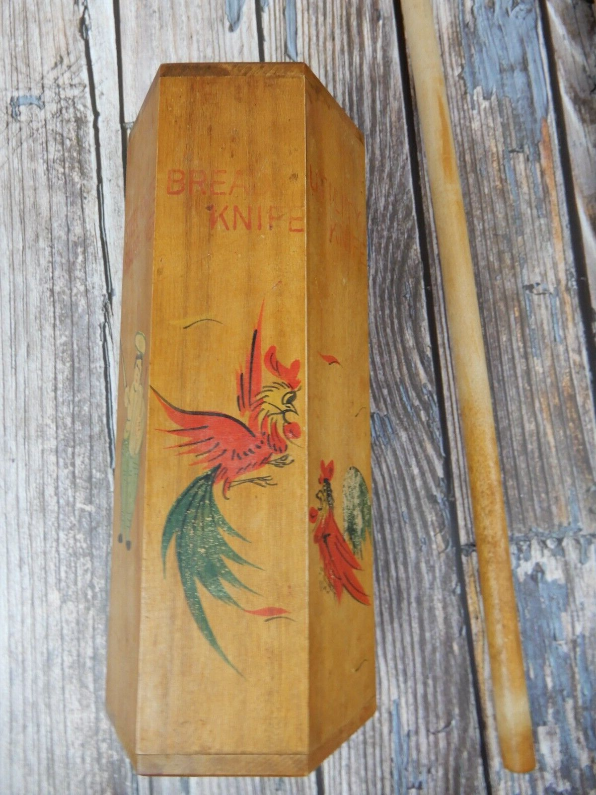 Vintage Wood Knife Holder Rack Wall Mount Kitchen Roosters & Chef Made in Japan