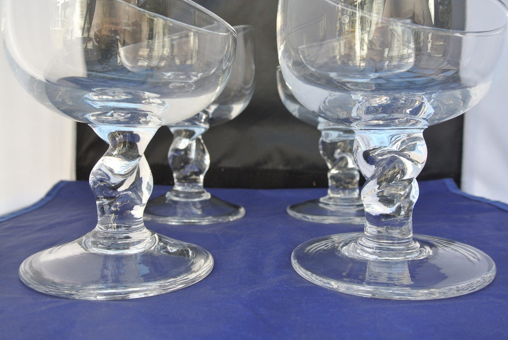 (4) Unique Shape Hand Blown Clear Glass Ice Cream Sundae, Margarita Glasses
