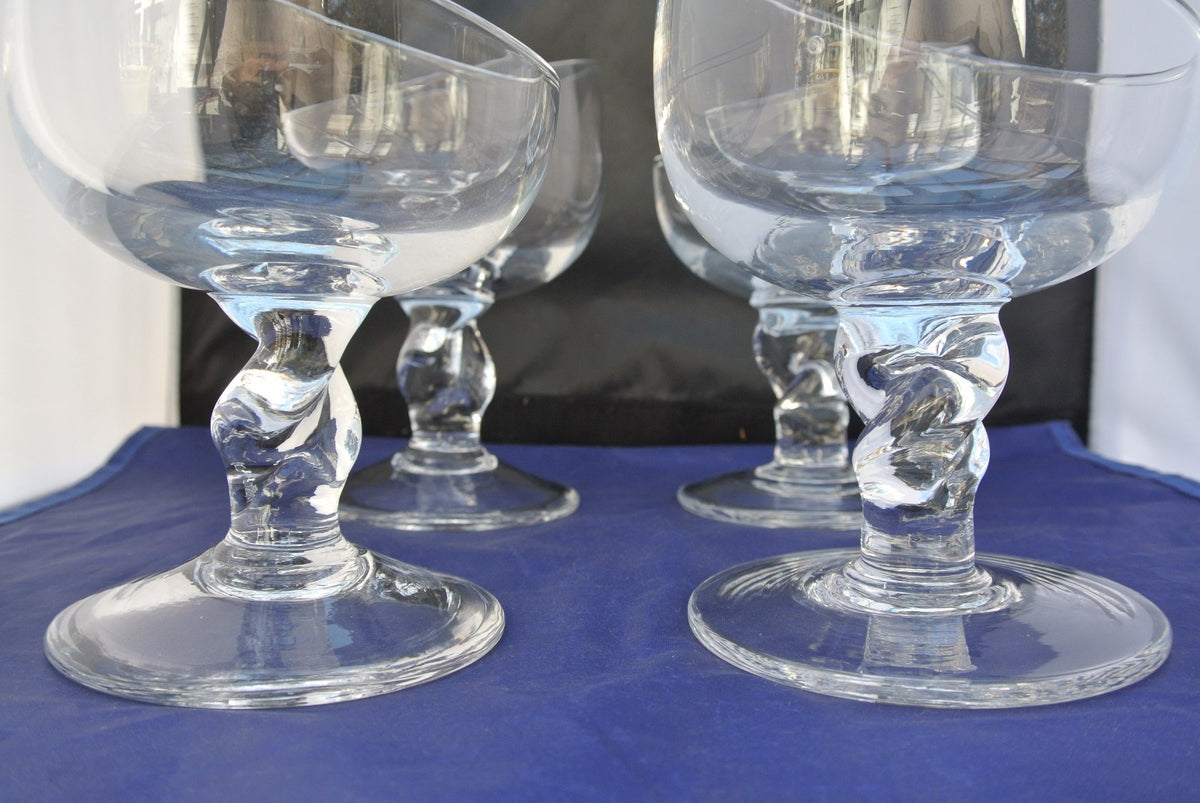 (4) Unique Shape Hand Blown Clear Glass Ice Cream Sundae, Margarita Glasses