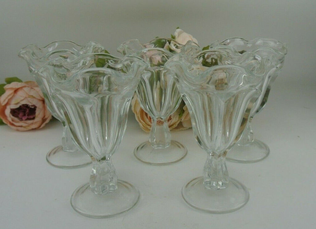 Vtge Tulip Ruffled Rim Pressed Glass Stemmed Parfait/Ice Cream Glasses Set of 5