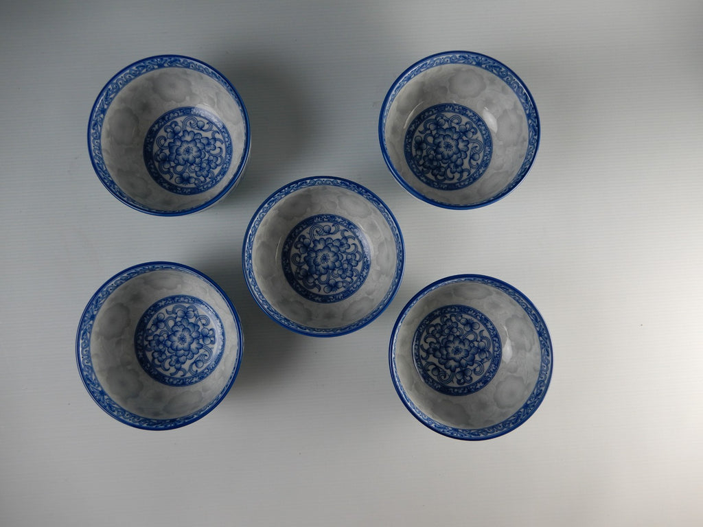Set of Five SEOKCHON LOKO Sweet Porcelain Rice Bowls Vine Gray Cobalt Blue