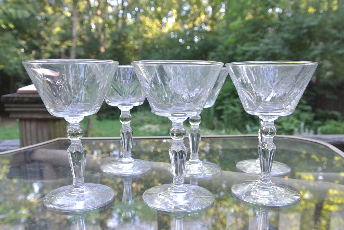 6 CLEAR CRYSTAL Champagne Sherbet glasses w/ THUMBPRINT AND CRISS CROSS DESIGNS