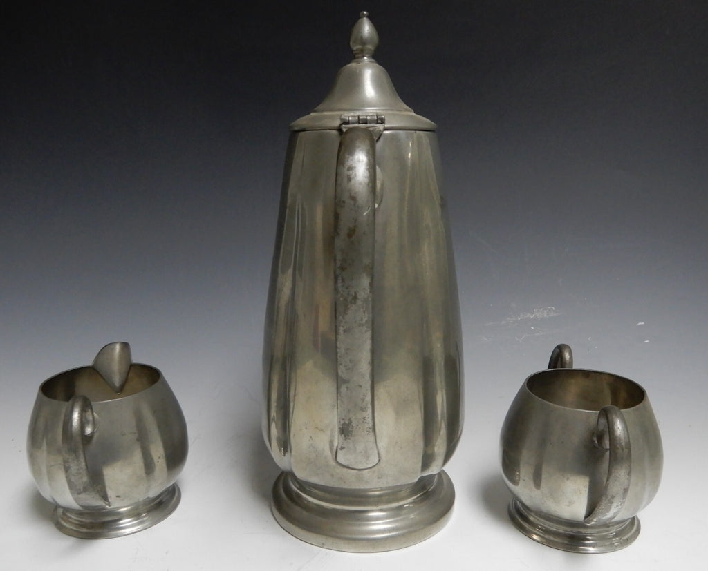 Vintage Crescent Pewter Metal Coffee Pot, Creamer, and Sugar Bowl New York 1930s