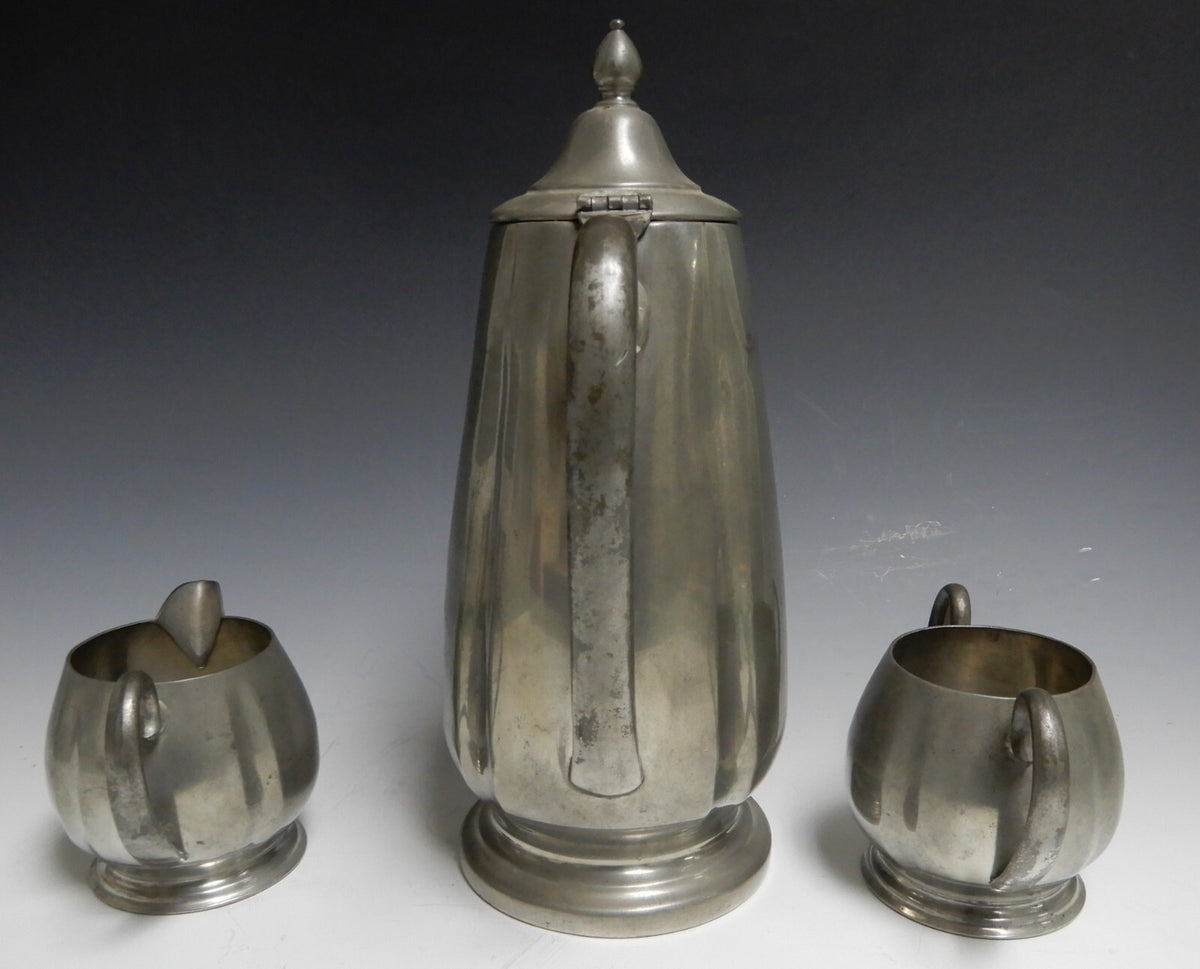 Vintage Crescent Pewter Metal Coffee Pot, Creamer, and Sugar Bowl New York 1930s