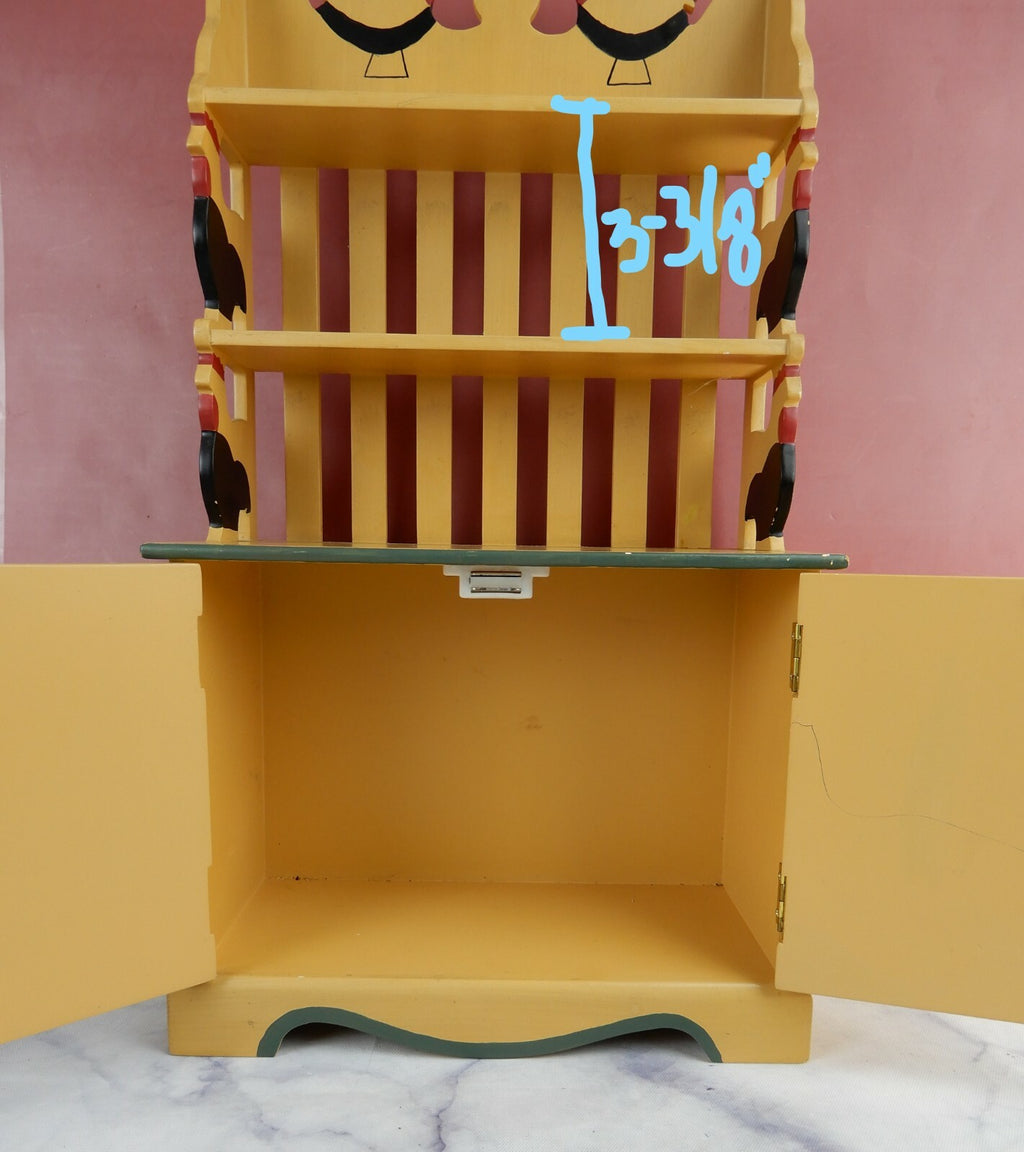 Vtge Small Wood Toy Plate Rack with 2 Shelves,2 Doors Hand Painted w/ Chickens