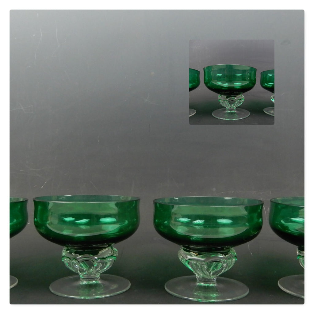 4 Hand Blown Forest Green with Clear Stemmed Sherbet 8 oz Glasses