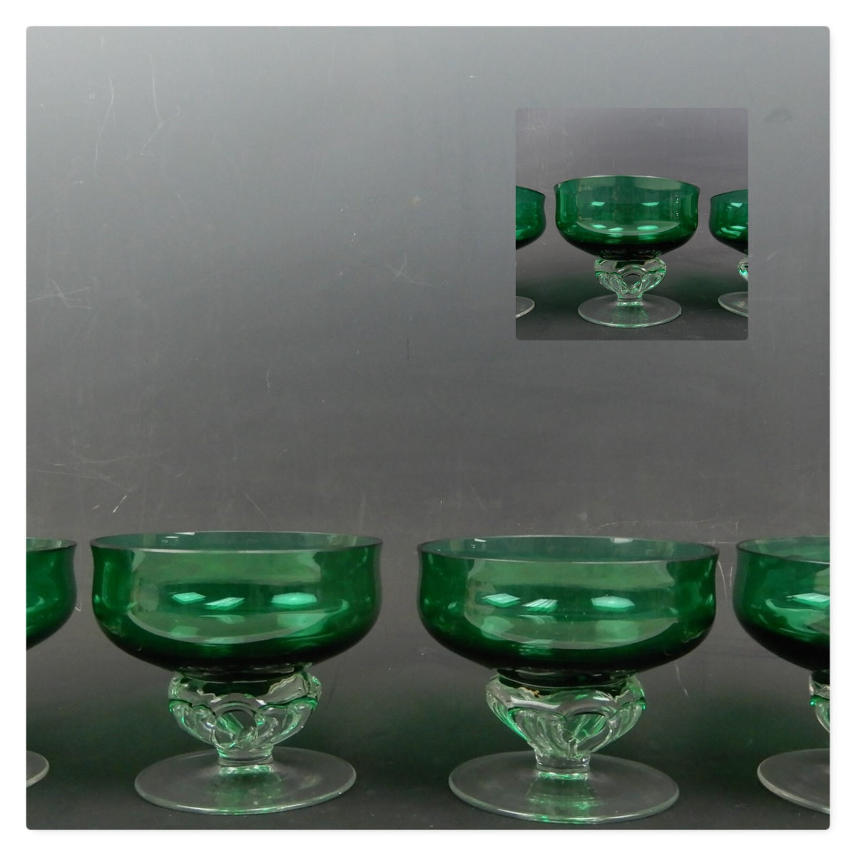 4 Hand Blown Forest Green with Clear Stemmed Sherbet 8 oz Glasses