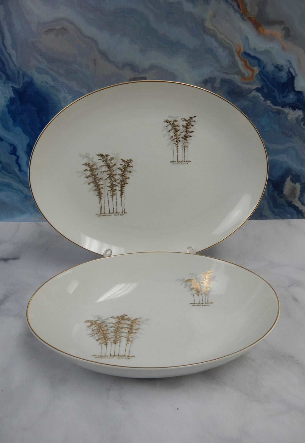 FUKAGAWA Arita Japan ~Gold Bamboo Oval Serving Bowl and 12" Platter