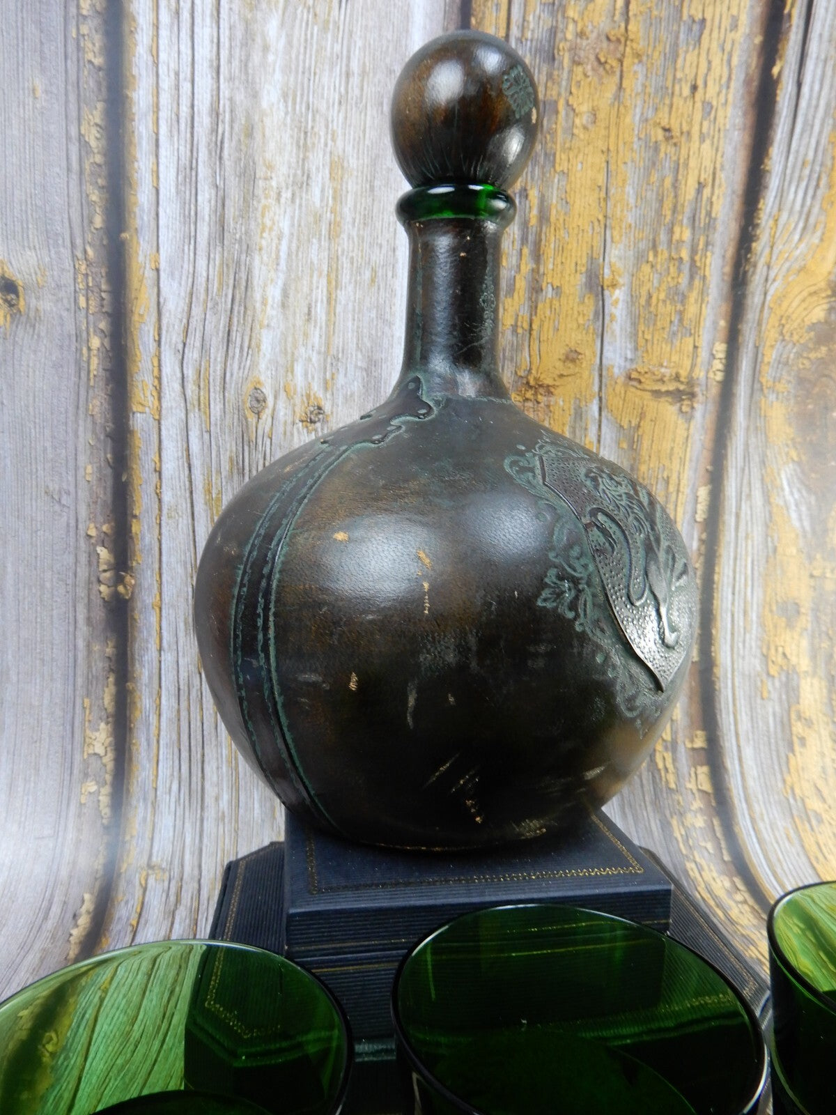 Italian Leather Wrapped Decanter Green Glass Liquor Bottle w/Matching Glasses