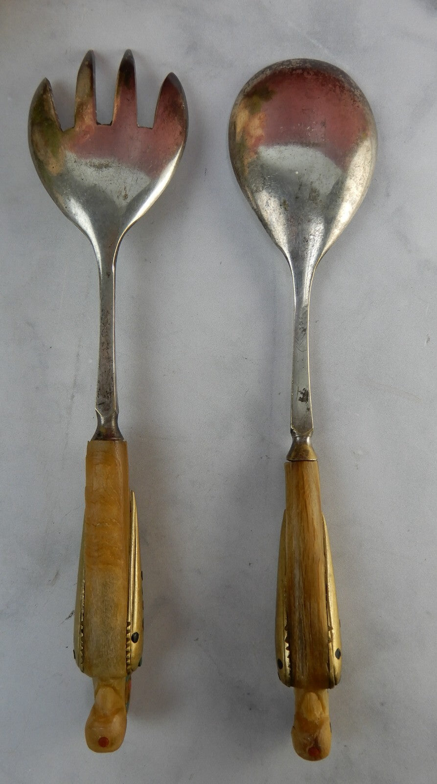 Vintage  Phoenix Bird Carved Handle Salad Servers Said And Alfred Haddad Jezzine