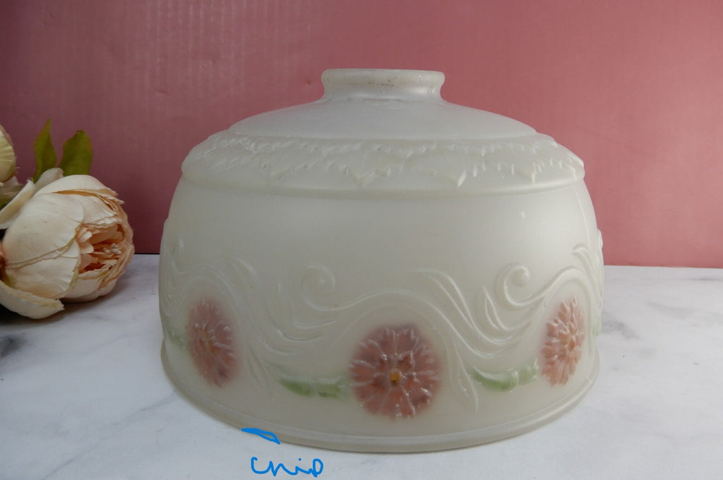 Vintage Frosted Glass Lamp Shade Reverse Painted Pink Flowers 4-7/8" Tall