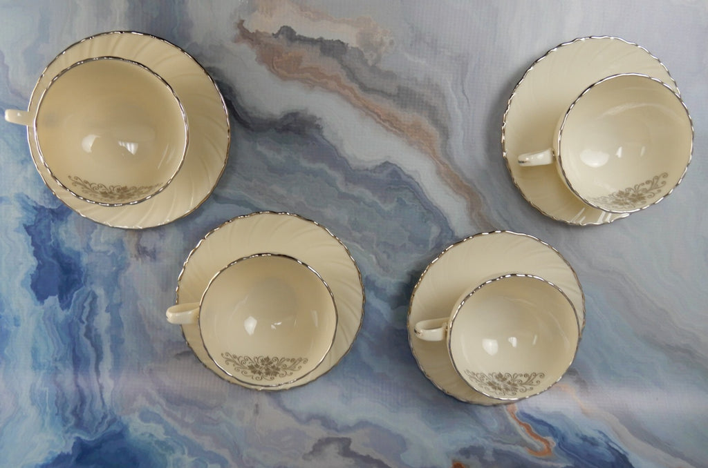 Vintage Lenox "Valera" Set of 4 Cups and Saucers Platinum Scroll Medallion