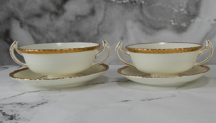 2 Royal Doulton Bone China "Belvedere V1877 "Handled Cream Soup Bowls w/ Saucers