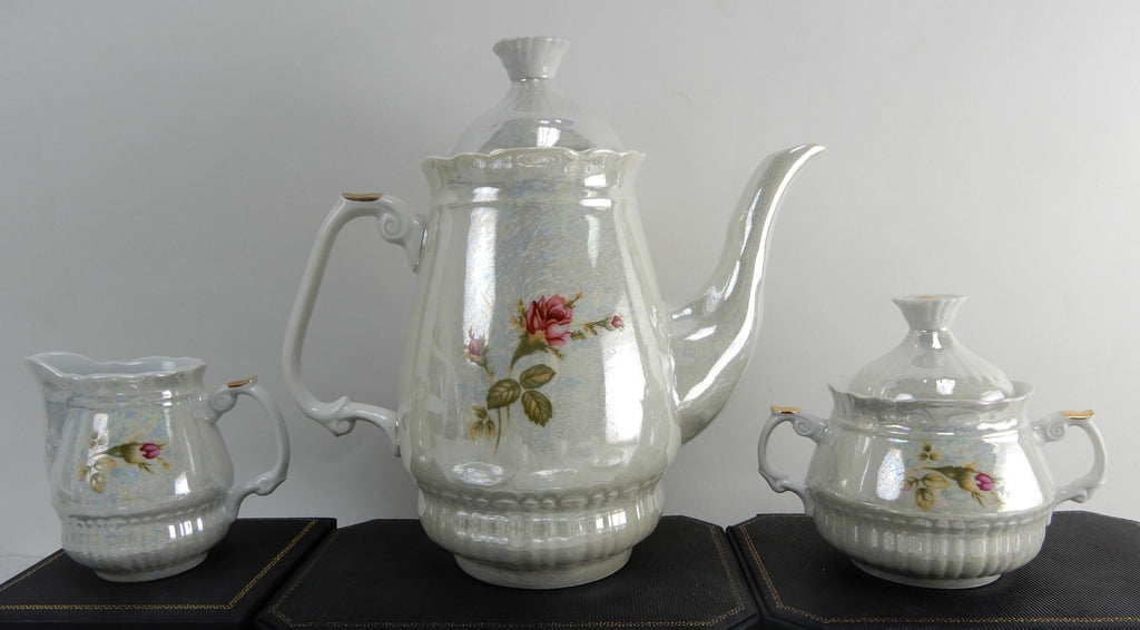 Vintage Iridescent Wloclawek Porcelain 13 Piece Tea Service Poland Set