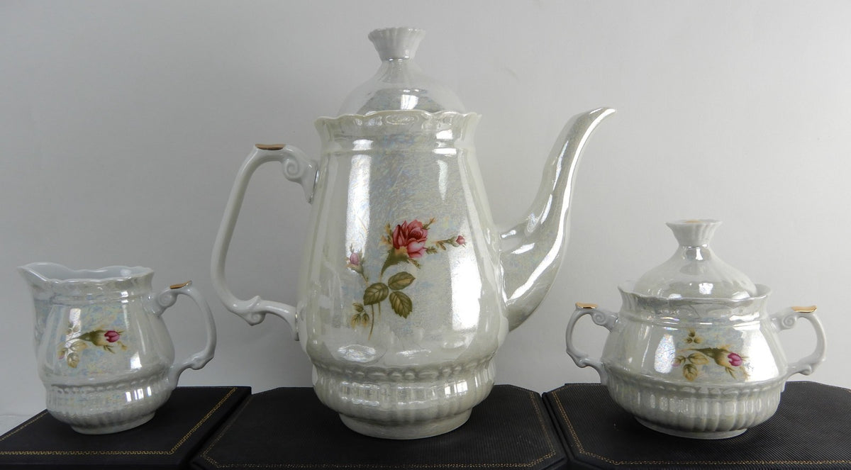 Vintage Iridescent Wloclawek Porcelain 13 Piece Tea Service Poland Set