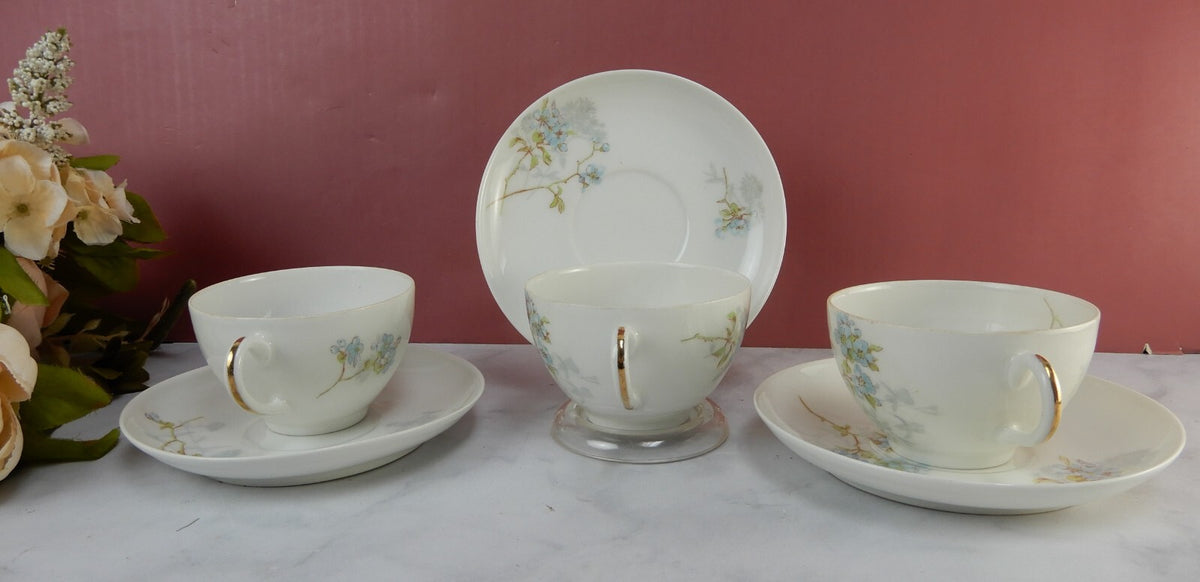 Antique Limoges A. Lanternier France Porcelain Blue Floral 3 Cups and Saucers
