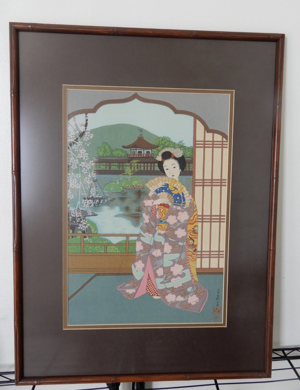 Vtg. Framed Maiko and Byodoin Print in Fuki-bokashi Woodwork Japanese Technique