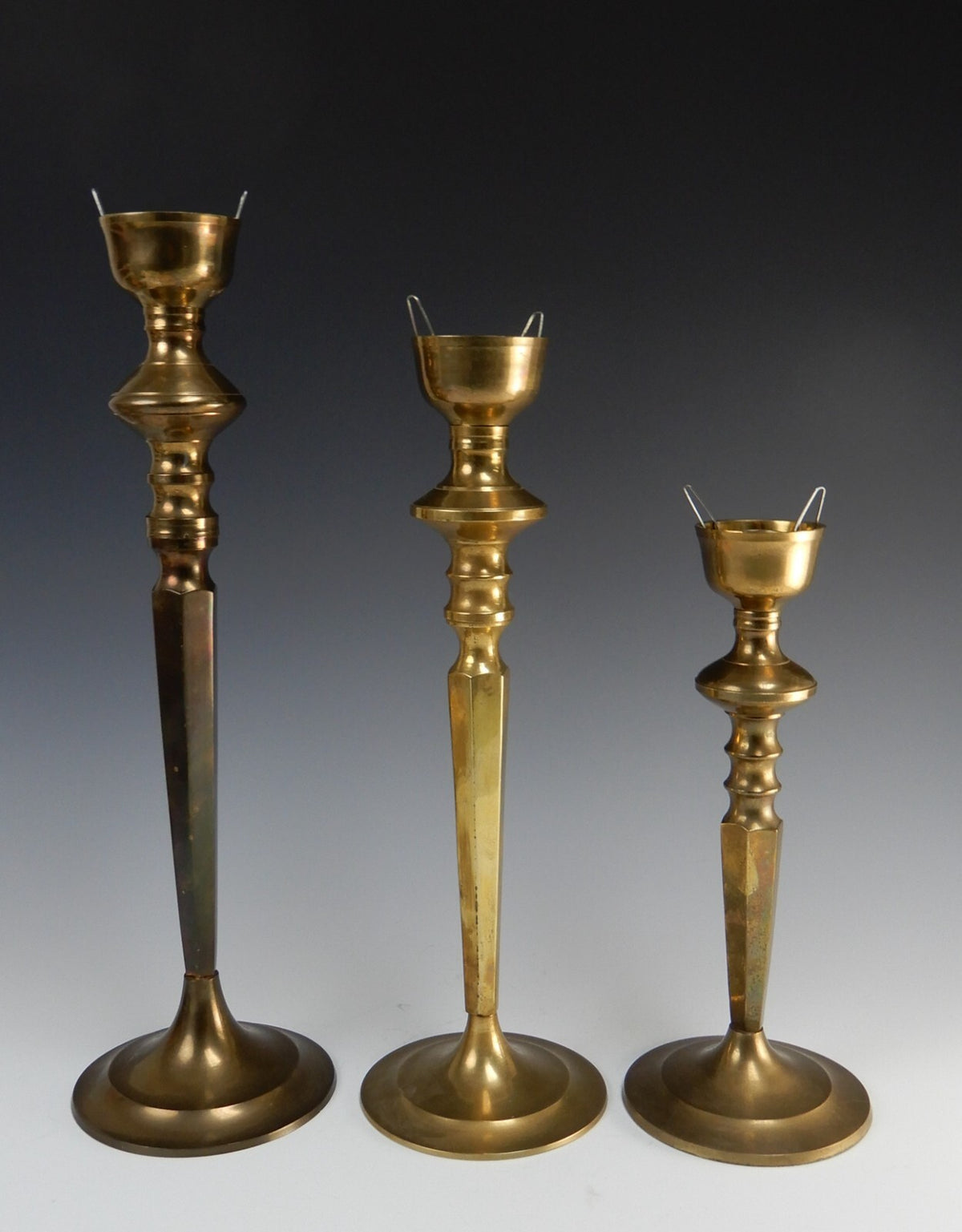 Three Vintage Brass Tiered Candle Holders W/Glass Shades 21-3/8", 19-1/4", 16"