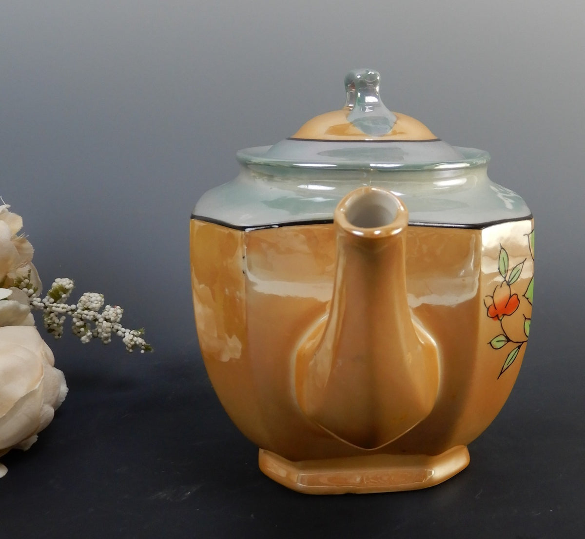 Vintage Japanese Yu Shoten And Company Peach And Blue Lusterware Teapot