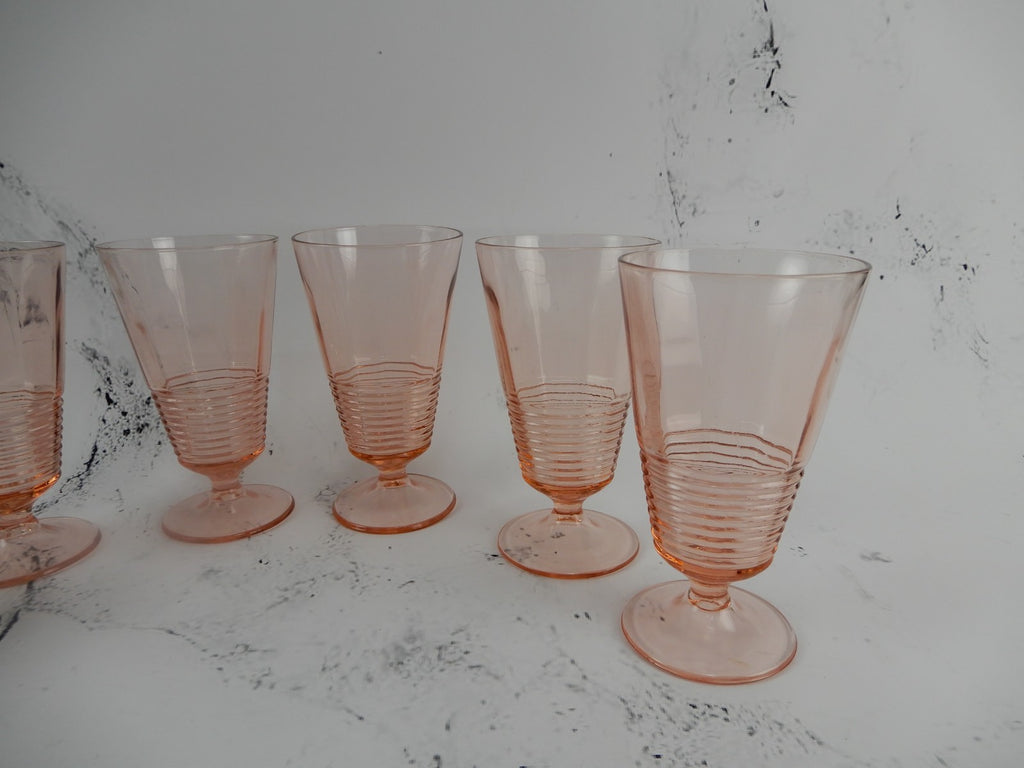 Set of 6 Federal Glass 1930s Pink Depression Ringed Stem Iced Tea Goblets 14oz