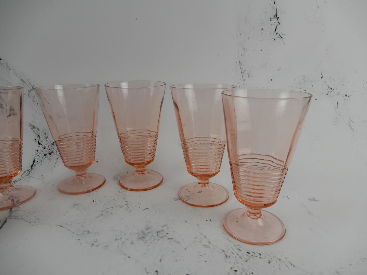 Set of 6 Federal Glass 1930s Pink Depression Ringed Stem Iced Tea Goblets 14oz