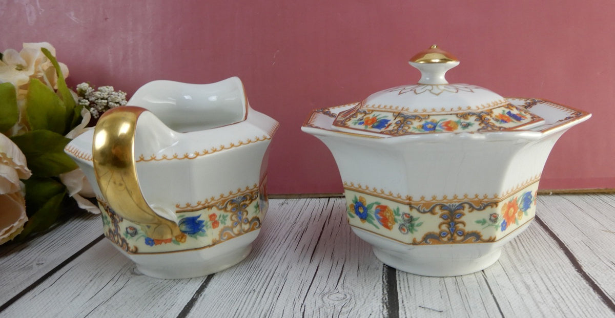 Pricess-China Geo F Bassett Bavaria Belwood Sugar Bowl&Creamer "Lowell Pattern"
