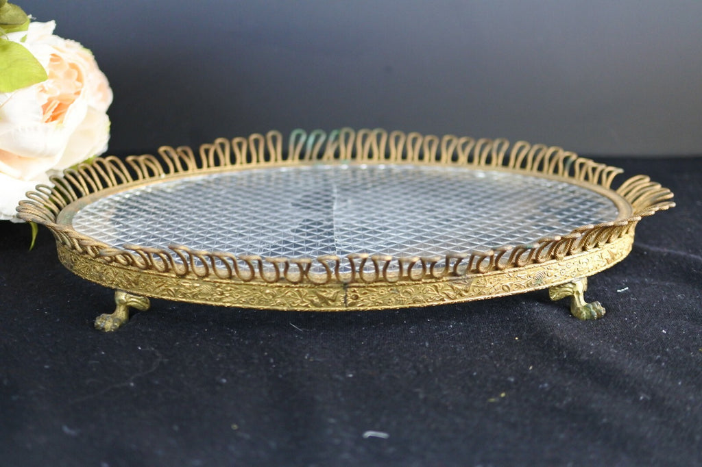 Antique Brass Ornate Jewelry 13-1/2" Tray with Heavy Glass As Is