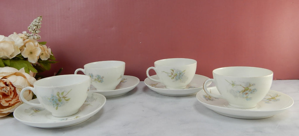 Antique Limoges A. Lanternier France Porcelain Blue Floral 4 Cups and Saucers