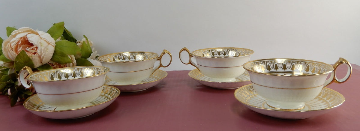 4 Antique Cauldon England 12oz Cups & Saucers Gold for Rich-Briggs.Co Boston