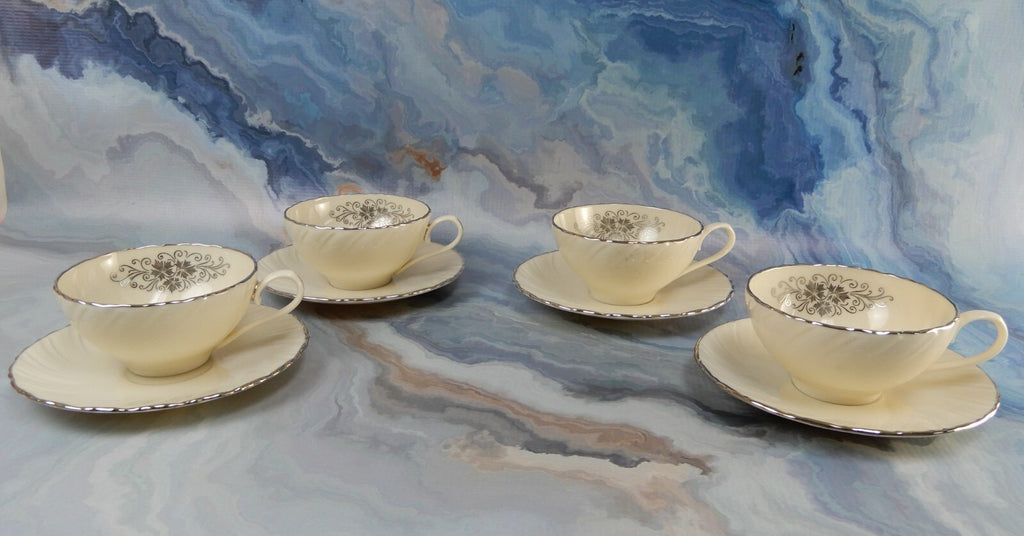 Vintage Lenox "Valera" Set of 4 Cups and Saucers Platinum Scroll Medallion