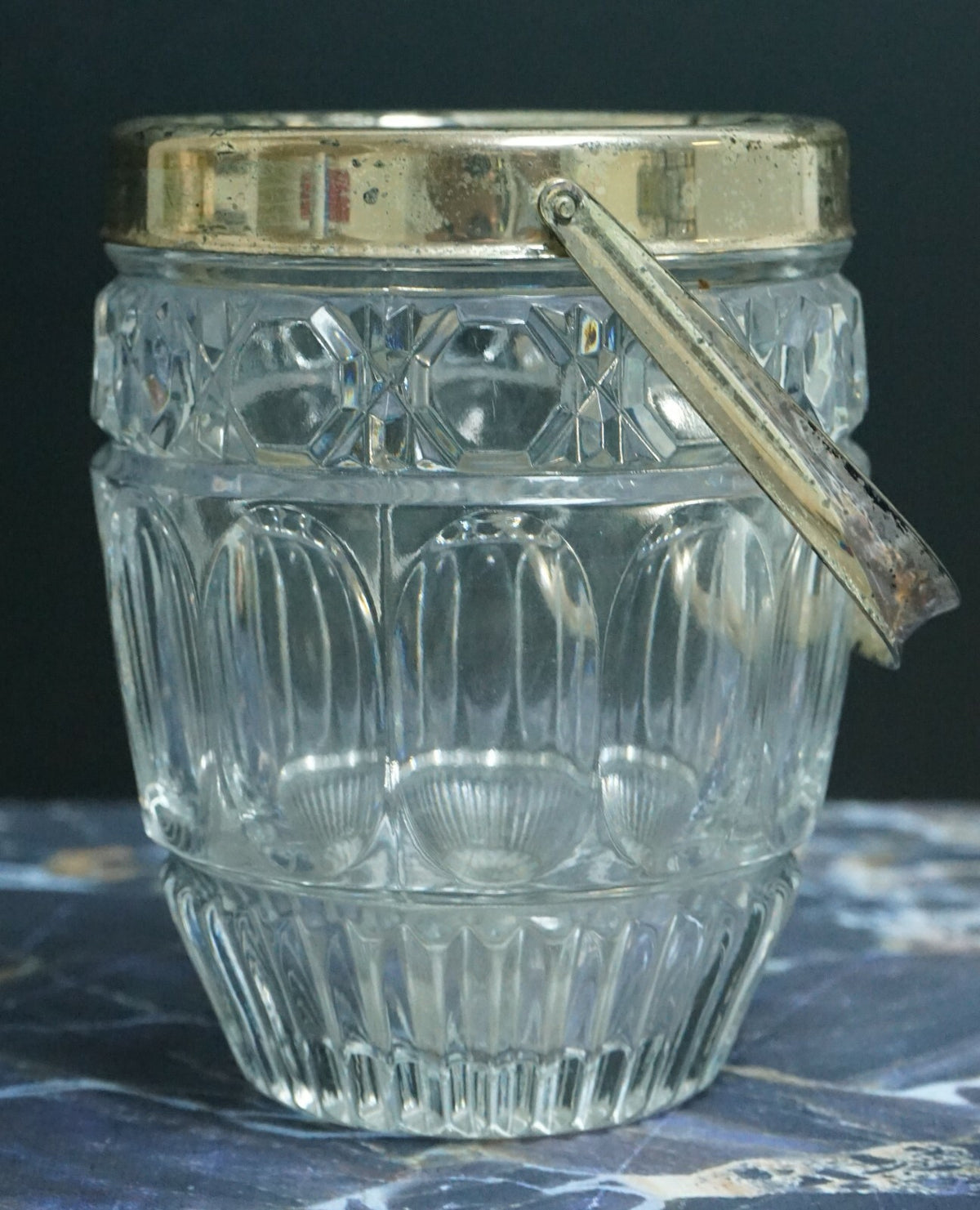 Vintage Small Press Clear Glass Ice Bucket with Silver Plated Handle