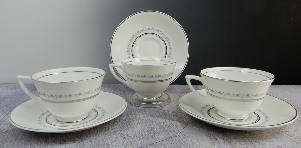 Vintage Set of  3 Cups and Saucers TIARA Royal Doulton Fine Bone China Platinum