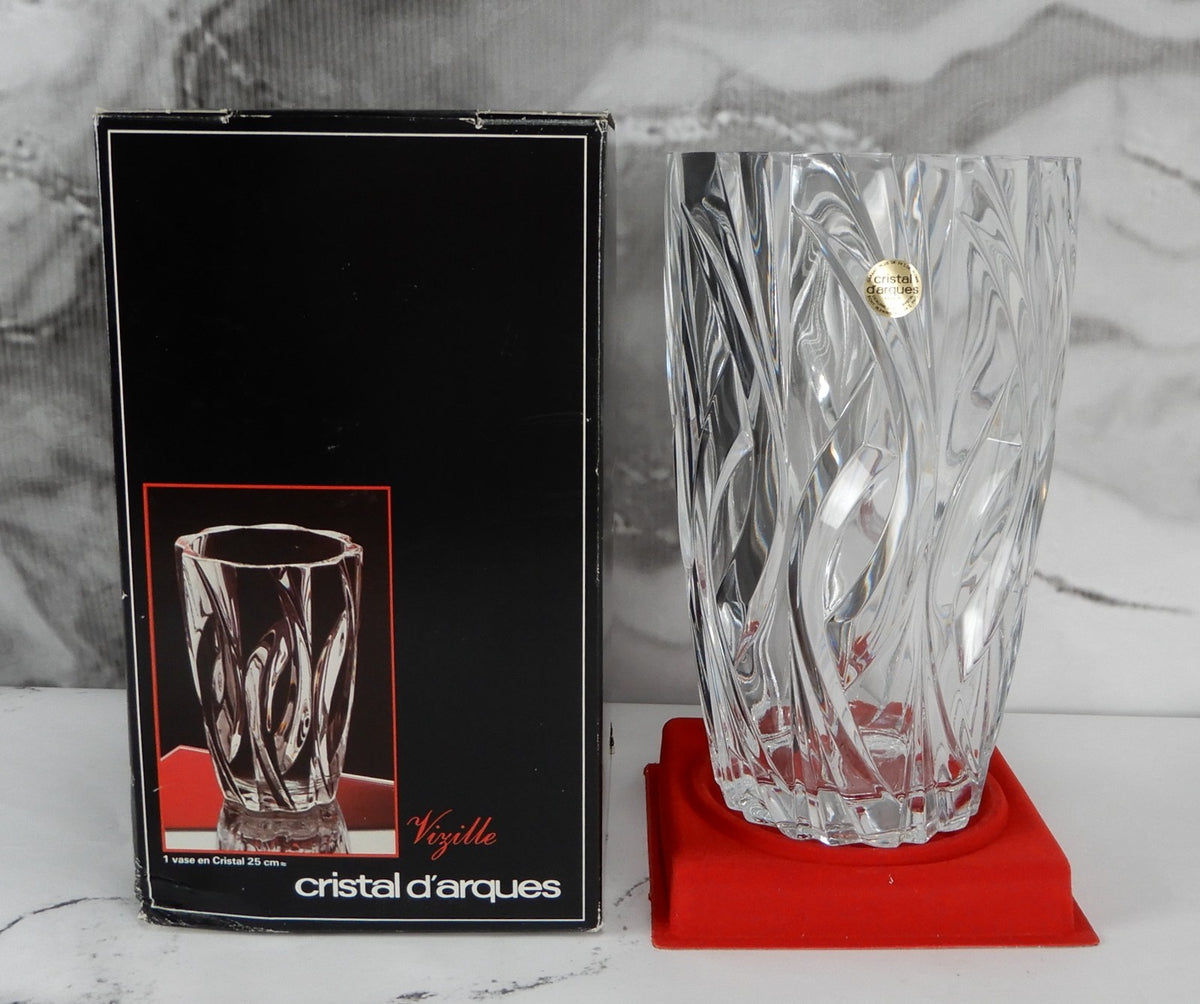 Cristal D'Arques Durand Vizille Leaded Crystal Vase 10" Tall Clear Angle Swirl